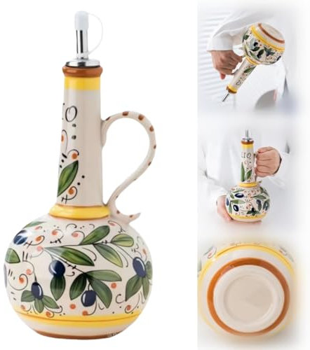 Tkerinse Ceramic Olive Oil Dispenser Bottle 23oz, Vintage Hand Painted Floral Pattern Decorative Stoneware Cruet With Stainless Steel Spout for Oils, Vinegar