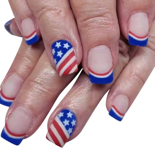 FSSTUD Lot de 24 faux ongles à presser en plastique carré du 4 juillet, rouge, blanc, bleu, couverture complète, 12 ensembles, 24 articles, 1 paquet