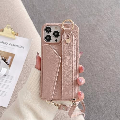 HTXONB Étui Portefeuille en Cuir avec dragonne et bandoulière pour iPhone 16 15 14 13 12 Pro Max 14 15 16 Plus avec Porte-Cartes et Anneau pour téléphone, Poudre Rose, pour iPhone 13