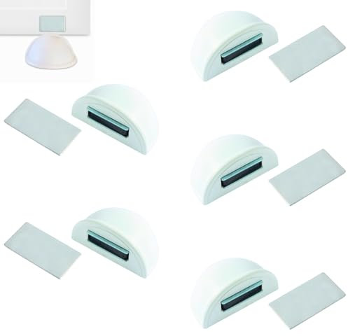 Topes para puertas suelo con iman 5 unds blanco - Tope puerta magnetico adhesivo, no requiere taladro de acero inox y plastico- Sujeta puertas suelo protege paredes (Blanco 5 unds)