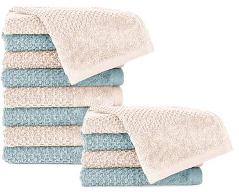 Pure Label 12-TLG. Gästehandtücher 30x50 cm mit Aufhängeschlaufe aus 100% Baumwolle, saugstark, weich und Oeko-TEX Zertifiziert - 12 Gästehandtücher Creme | Türkis, 30x50 cm