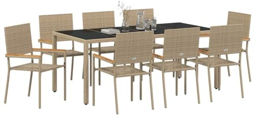 vidaXL Garden Dining Set 9 pcs Beige Poly Rattan, Stylish Outdoor Dining Set, Rectangular Garden Furniture, Modern Poly Rattan Patio, Durable Steel Frame Table, Acacia Armrest