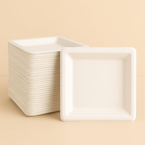 Biovely - [16x16cm - 50 pezzi] Piatti QUADRATI piani biodegradabili compostabili ecologici in bagassa - usa e getta, resistenti e riciclabili, ideali per feste, catering, eventi