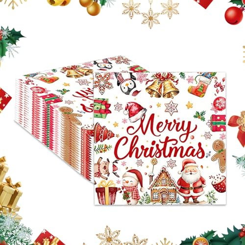 40 Stück Servietten Weihnachten, 33x33 cm Niedliche Weihnachtsservietten mit Weihnachtsmann Schneemann Motiv, Festliche Tischdeko Weihnachten für Feiern & Familie, Ideal als Weihnachten Servietten