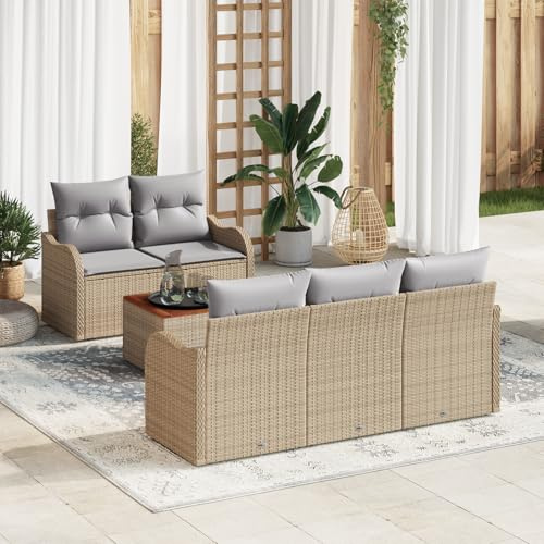 WEMYUFURN Garten Sofa Set Outdoor Polyrattan Modulares Eckcouch Set Grau Beige Wetterfest Mit Abnehmbaren Kissen Für Terrasse Balkon Wintergarten Akazienholz