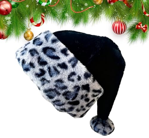 Weihnachtsmütze mit Leopardenmuster – Doppellagiger Plüsch-Santa-Hut 47 cm | Warme Weihnachtsmannmütze aus Polyester für Damen & Herren | Modischer Leopard Weihnachts-Hut für Party, Karneval & Wint