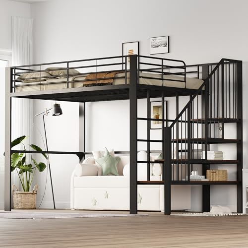 ZKLOEP Hochbett 140x200 Stabile Metallkonstruktion mit geräumigem Stauraum unter dem Bett und Treppe Ideal für Kinder und Erwachsene Stauraumbett für maximale Platzeffizienz
