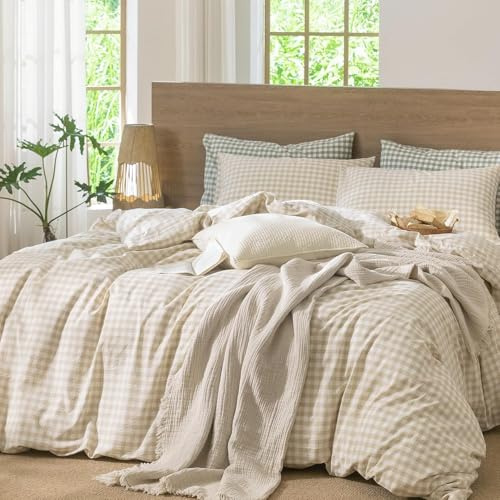 Lanqinglv Vichy Housse de Couette 140x200 Beige à Carreaux Parure de lit Ado 1 Personne en Microfibre Housses de Couettes avec Fermeture Éclair et 1 Taie d'oreiller 65x65cm