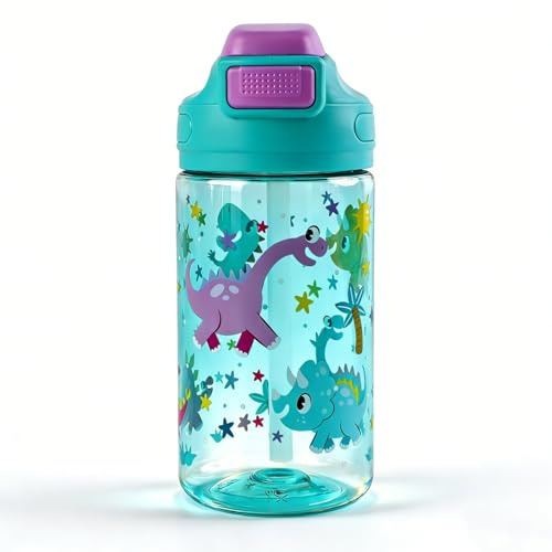MHwan Gourde Enfant, 400ml, Robuste, Incassable, Anti Fuite, Sans BPA | Ouverture par Simple Pression, Facile à Nettoyer, avec Paille, Idéale pour lÉcole et lExtérieur (Dinosaure)