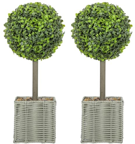 HOMCOM 2 Kunstpflanzen 50cm, Buchsbaumkugeln Grün | Topiary, Korb aus Kunststoff und Kieselsteine, Kunstpflanzen, Dekoration für Zuhause oder Büro