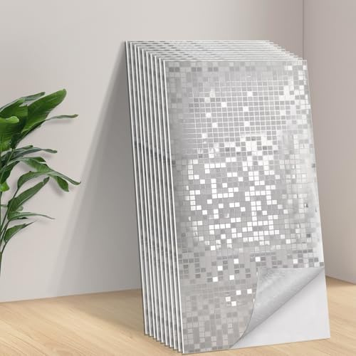 Tarwanear Self Adhesive Tile Stickers 10pcs/60x30cm Peel and Stick Wall Tiles for Kitchen Bathroom PVC Mosaic Silver Wall Stickers Waterproof Reflective Stick on Backsplash for Home Decor