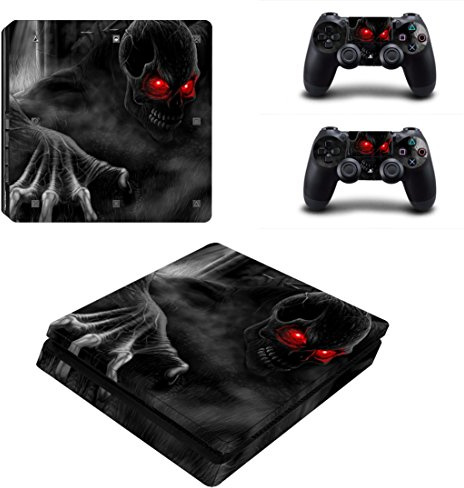 Morbuy PS4 Slim Skin Vinyl Autocollant Decal Sticker pour PlayStation 4 Slim Console + 2 Dualshock Manette Set (Skull Red Eyes)