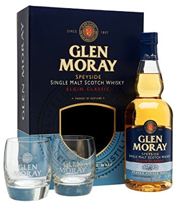 Glen Moray Malt Scotch Peated Glass Pack Whisky, 70 cl