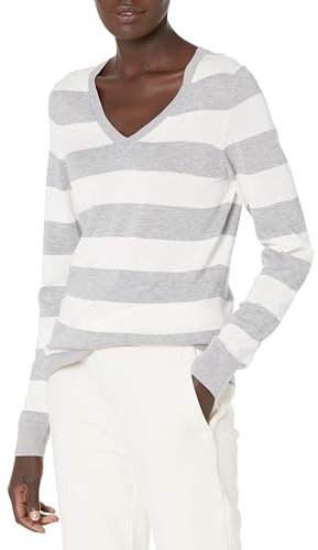 Amazon Essentials Damen Regular-Fit Leichter Langarm-Pullover V-Ausschnitt (In Übergröße Erhältlich), Hellgrau Meliert Weiß Rugby-Streifen, XL