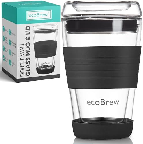 ecoBrew Glas Kaffeebecher To Go | Doppelwandig Isolierung Thermobecher | 340 ml Coffee to go becher keramik mit Deckel | Wiederverwendbarer Reisebecher Kaffee Travel Mug (Schwarz, 340ml)