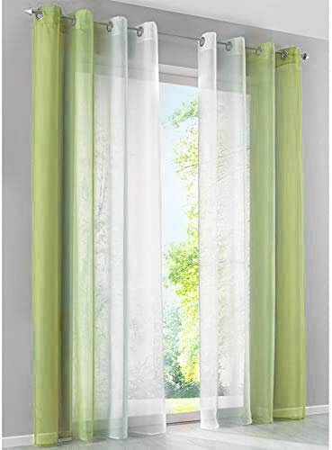 SIMPVALE Gardinen mit Ösen Farbverlauf 2er Set, Vorhang Transparent für Wohnzimmer Kinderzimmer Mädchenzimmer, Lichtdurchlässig Ösenschals Voile Weiß Grüne Breite 140 Höhe 145 pro Stück