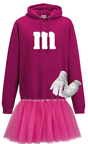 Jimmys Textilfactory Hoodie M&M Karneval Kostüm Set mit Tütü XS-5XL Herren Verkleidung Tütü Gruppenkostüm Partner Familie Fasching, Größe:XS, Farbe:pink - Logo weiss (+Handschuhe weiss/Tütü pink)