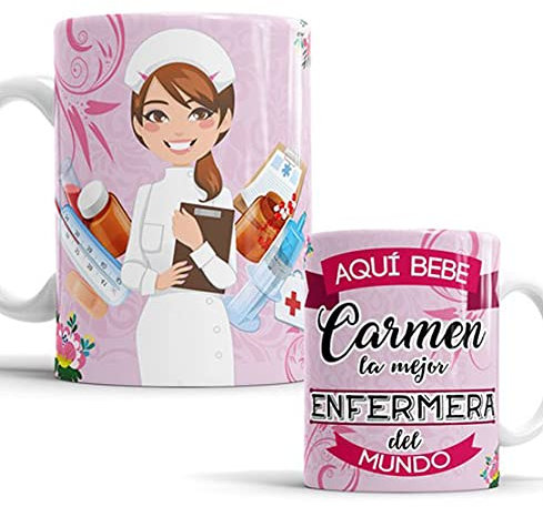 Taza Aquí Bebe la Mejor Enfermera del Mundo - Cerámica Personalizada Con Nombre - Regalo Original (Rosa) 11 oz / 330 ml