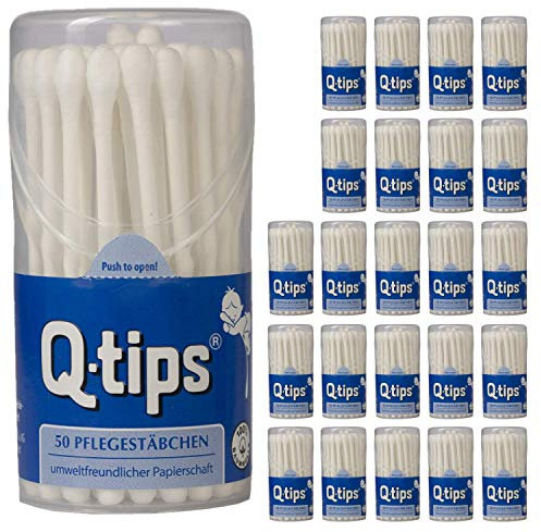 Q-tips Pflegestäbchen mit Papierschaft, Reisegröße (24 x 50 Stück), Wattestäbchen ohne Plastik