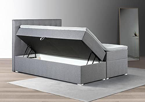 Tesla Dreams Adler Boxspringbett mit bettkasten 180x200 - Stauraum 1,00 m3, Taschenfederkern-Matratzen H3, Topper Latex-3D, Grau
