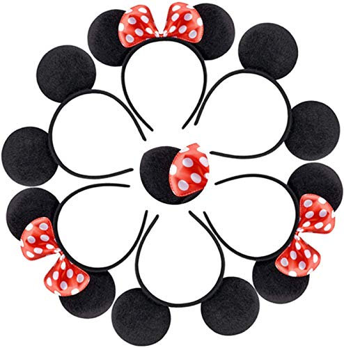 A 4 Pieces Black Mickey Mouse Ears & Minnie Mouse Ears on Alice Band with Red and White Polkadot Spotted Bow for Adults/Children Fancy Dress Costume Head Band Accessory Party Decoration Gift