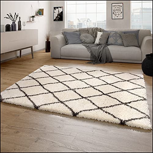 Paco Home Hochflor Teppich Wohnzimmer Shaggy Langflor Skandinavisches Rauten Muster Modern, Grösse:80x150 cm, Farbe:Creme 2