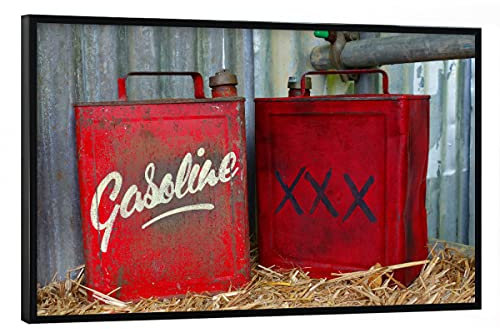artboxONE Poster mit schwarzem Rahmen 75x50 cm Reise Rote Benzinkanister - Bild Motorsport Automobil autorennen