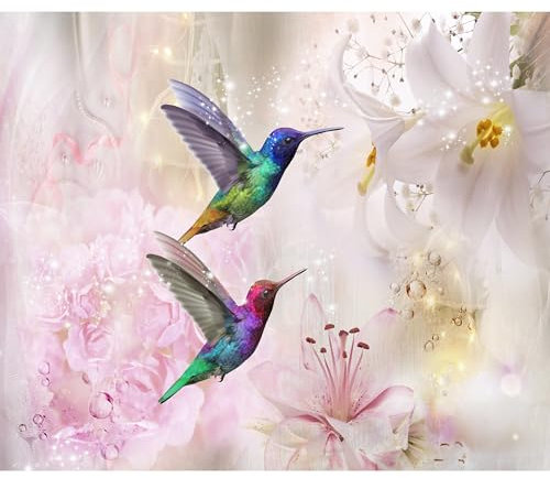 decomonkey Fototapete Blumen Vogel 450x315 cm XL Design Tapete Fototapeten Vlies Tapeten Vliestapete Wandtapete moderne Wandbild Wand Schlafzimmer Wohnzimmer Kolibri Abstrakt bunt