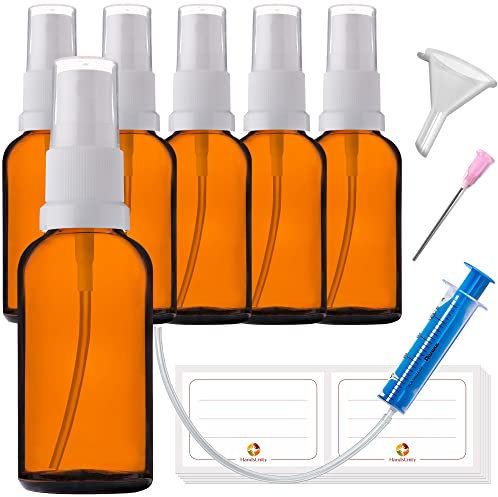HandsUnity 30ml-6 piezas de Botella de Vidrio Rociador - Botellas de Vidrio Ámbar de Farmacia con Botella de Aerosol de Vidrio Atomizador Blanco Hecha de Vidrio Marrón que incluye 17 Accesorios