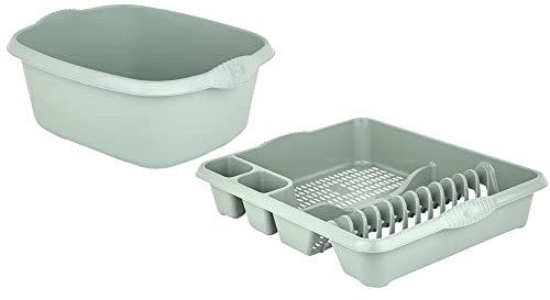 M1SS Set of Silver Sage 39cm Rectangular Washing up Bowl with Large Dish Drainer Plate Rack Draining Board Tray Stand Sink Holder Kitchen Organiser