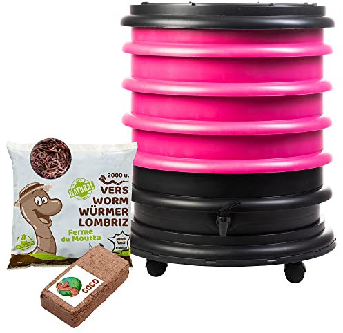 WormBox | Wurmkomposter Wurmfarm Wurmkiste mit 4 Schalen Fuchsie + 1kg Kompostwürmer / 2000 STK + 1 Coco | 64 Liter | Regenwurmkomposter, Kompostwürmer produzieren Wurmhumus