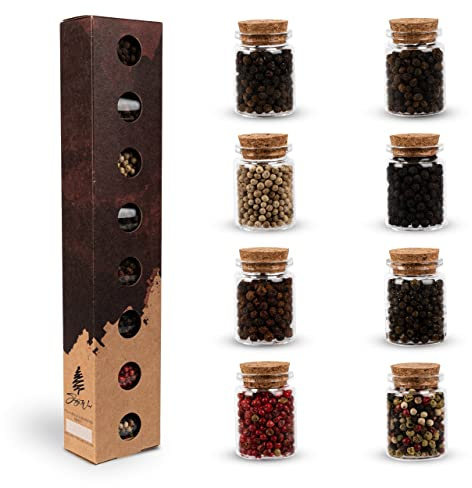 Set di 8 peperoni selezionati a mano da tutto il mondo come set regalo perfetto per cuochi amatoriali e amanti del pepe