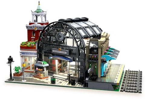 MISINI Technik 89154 Bahnhof Klemmbausteine Modell mit Beleuchtungssatz, 2720 Bausteine inkl.Gemischtwarenladen, Wartehalle, 2 Schiene, Bauspielzeug Architektur City Stadt