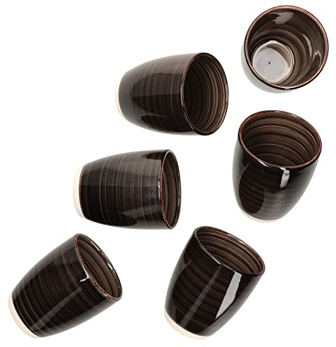 MamboCat Coffeeblack 6er Set Kaffeebecher I schwarz I 350 ml I 6 Personen I Steingut-Tassen rund ohne Henkel, Trink-Becher für Heißgetränke wie Kakao, Cappuccino, Tee&Co. I Pötte mit abstraktem Dekor