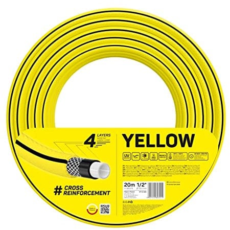 Cellfast Tuyau D'arrosage YELLOW, Léger, Durable, 4 Couches, Durable Tresse Croix, Résistant aux UV et aux algues, résistance à la torsion, Technologie REACH, 20 Bar, -10/+50°С Temp. 1/2, 20m