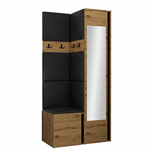 Mirjan24 Garderoben-Set Monati XXV, Kleiderschrank mit Spiegel, Schuhschrank, 2X Kleiderhakenbrett, Gepolstertes Paneel/Wandpaneel, 4 Doppelhaken, Flurgarderobe (Eiche Artisan/Schwarz, Soft 011)