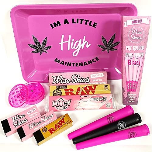 Wise Skies Pink High Maintenance Small Rolling Task Tray Set Pink Pre Rolled Cones Doob Tube