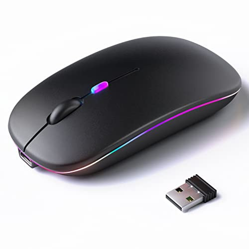 KANMABPC - mouse inalámbrico Bluetooth, modo dual recargable LED (Bluetooth 5.2 y receptor USB) portátil silencioso para computadora portátil/computadora/tablet (negro)