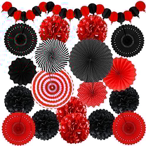 Recosis Schwarz Rot Party Dekoration, Papier Pompoms Aufhängen Fächer Girlande für Geburtstag Set Abschlussfeier Ruhestandsfeierdekor Graduierung Party Karneval Fasching Partydekorationen