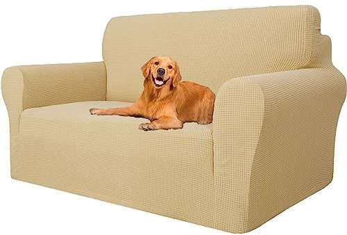 YSTELLAA High Stretch Sofa Überzug 2 Sitzer, Couch Bezug rutschfest, Universal Sofahusse Elastische, Couchüberzug Sofaschutz Katze Durable, Waschbare Sofa Covers Mit Armlehnen, Beige Gelb