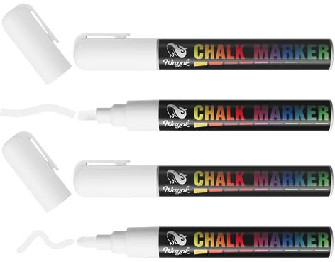 WISYOK Kreidestift Weiß, 4 Kreidemarker Weiss, Weißwandstifte, Flipchart Stifte, Folienstift Wasserlöslich, Kreidestifte für Tafel Abwaschbar, Whiteboard Marker, Weiße, 6 mm Wendespitze