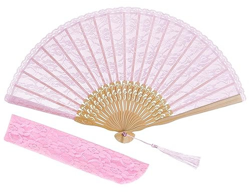 choyaxo Lace Handheld Chinese Folding Fan Bamboo Silk Folding Fan for Women Wedding Decoration Dancing Party,Pink