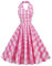 Robe de cocktail style années 1950 - Style rockabilly - Sans manches - Dos nu - Style rétro à pois - À carreaux - Style rétro - Robe de soirée - Robe de bal, Rose à carreaux, L