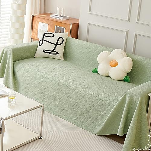Mesnt Sofabezug 4 Sitzer Big Sofa, Chenille Sofaüberwurf Decke Couch Einfarbiges Gittermuster Grün, 180x380CM