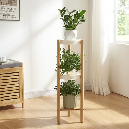 [en.casa] Étagère à Fleurs à 3 Niveaux Porte Plantes pour Intérieur Support Cache-Pots Petit Meuble de Rangement Bambou Plastique 78 x 25 x 25 cm Naturel Blanc