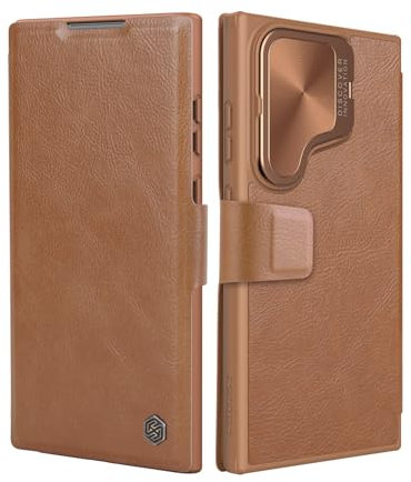 Nillkin Flip Case Compatible with Samsung Galaxy S24 Ultra 5G (6.8 inch), [Camera Protection] PU Leather Case with Lens Kickstand and Magnetic Buckle, Protective Cover for Samsung S24 Ultra, Brown