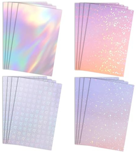 KUIZHEN Hologrammfolie, 16 Blatt Holografische Folie Transparentes A4 Holographische Aufkleber Papier Selbsthaftend Wasserdicht für DIY Bastelarbeiten Dekoration (4 Motive)