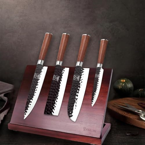 ChefHoablorn Set di blocchi magnetici per coltelli Kitchen Set di coltelli 4PCS in acciaio inossidabile tedesco coltelli da cucina lavorati a martello Artigianato forgia potente magnete