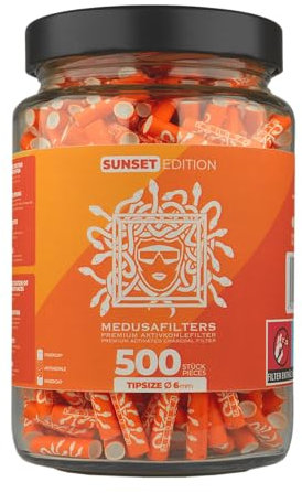 Medusafilters® 500 Stück 6mm Ø Slim Premium Aktivkohlefilter mit veganen Fasercaps & Kokos Aktivkohle im wiederverwendbaren Glas | Filter mit 25mm Länge made in Germany (SUNSET EDITION)