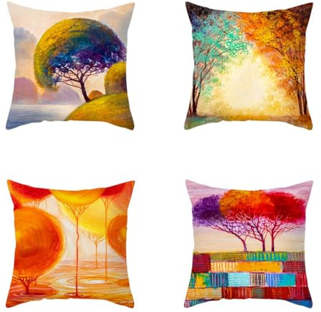 CEVAN Cotton Kissenbezüge Sofakissen Kissenbezug Kinderzimmer Ölgemälde Kunstbaum Kissenbezüge Weich Set Kissen Kissenbezüge Sofa Dekor 50x50cm, 4Pcs